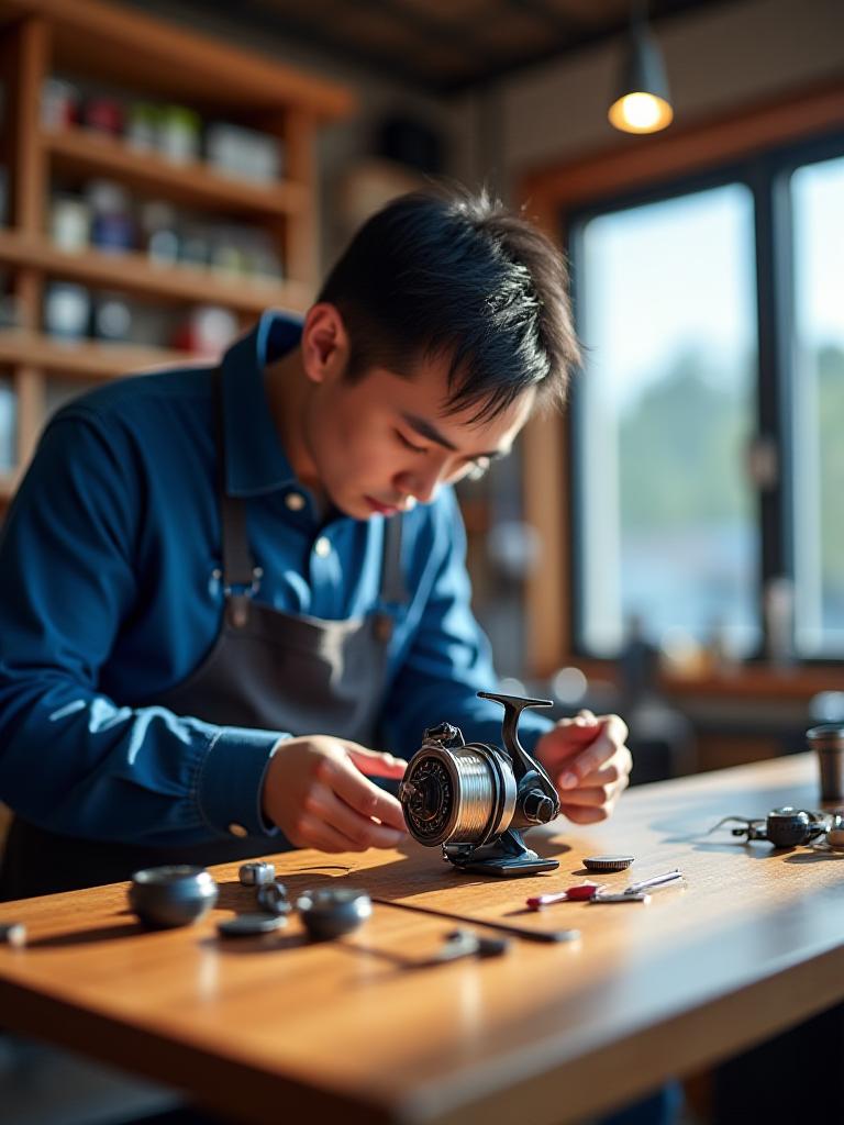 浅草通りの店舗で釣り具をメンテナンスするスタッフ